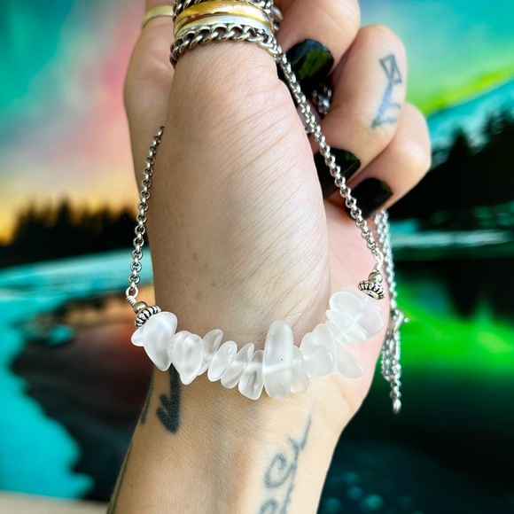 Frosted clear crystal quartz gemstones chips bar choker necklace boho stones - Picture 9 of 12